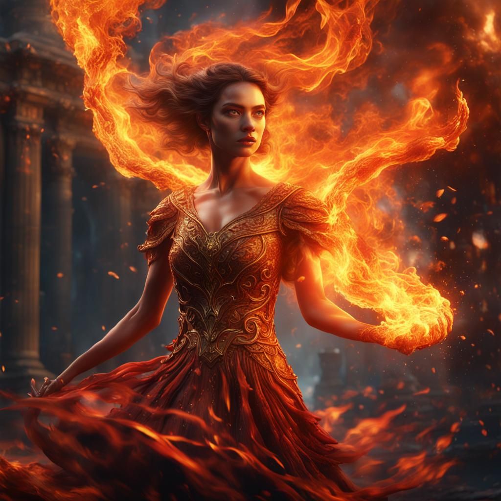 Fiery Woman in Dress: Detailed Fantasy Art