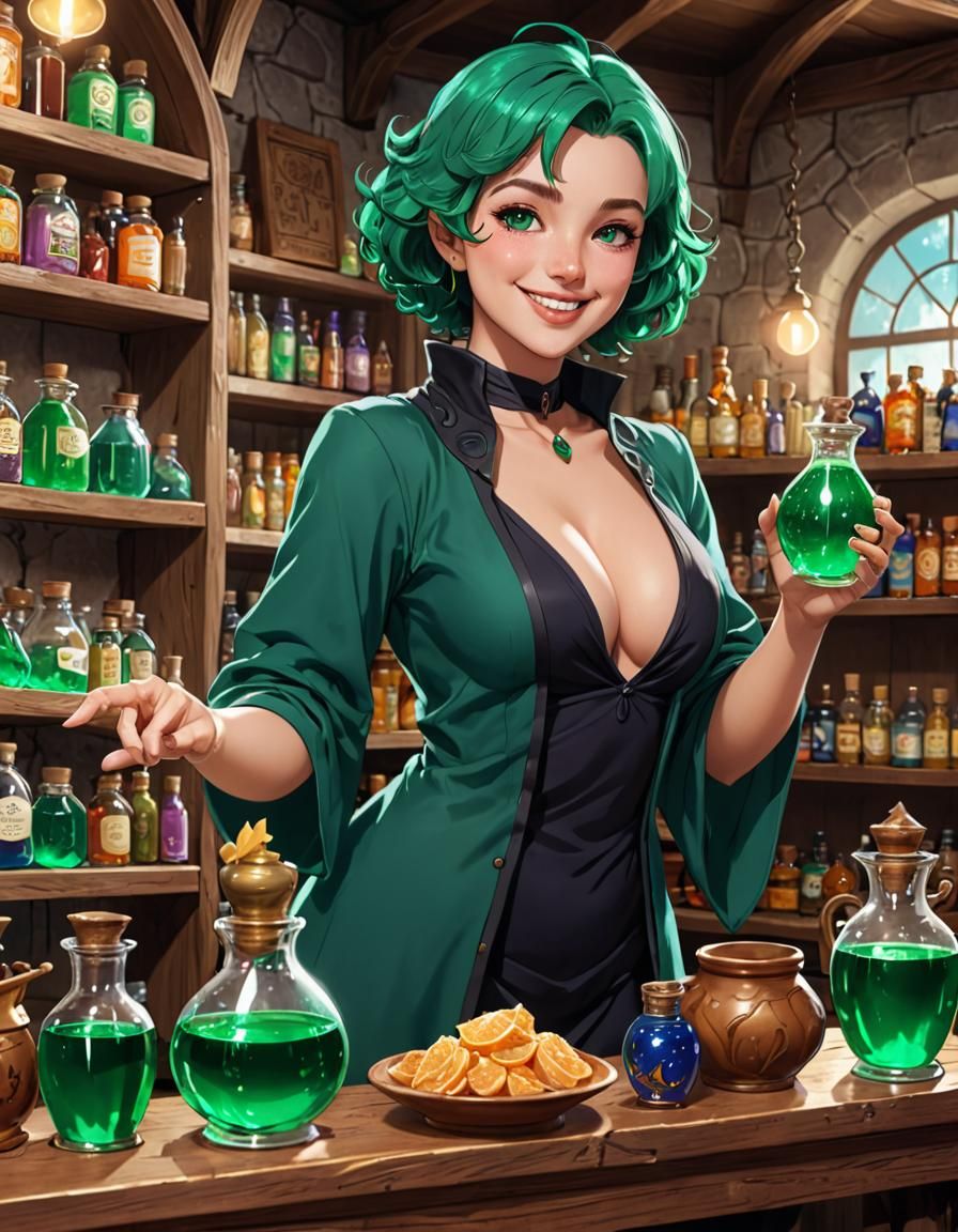 Emerald Sorceress in Magic Shop, Anime Style