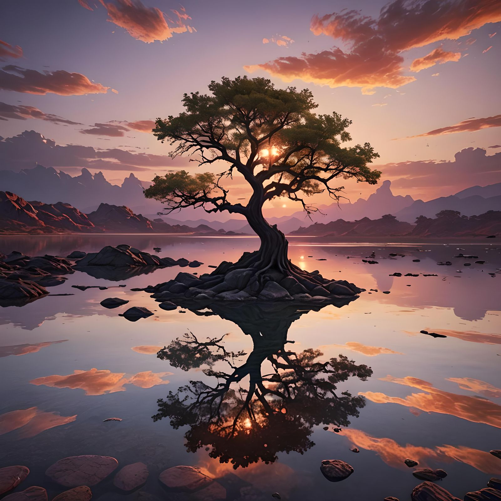Serene Sunset Reflection of a Lonely Tree