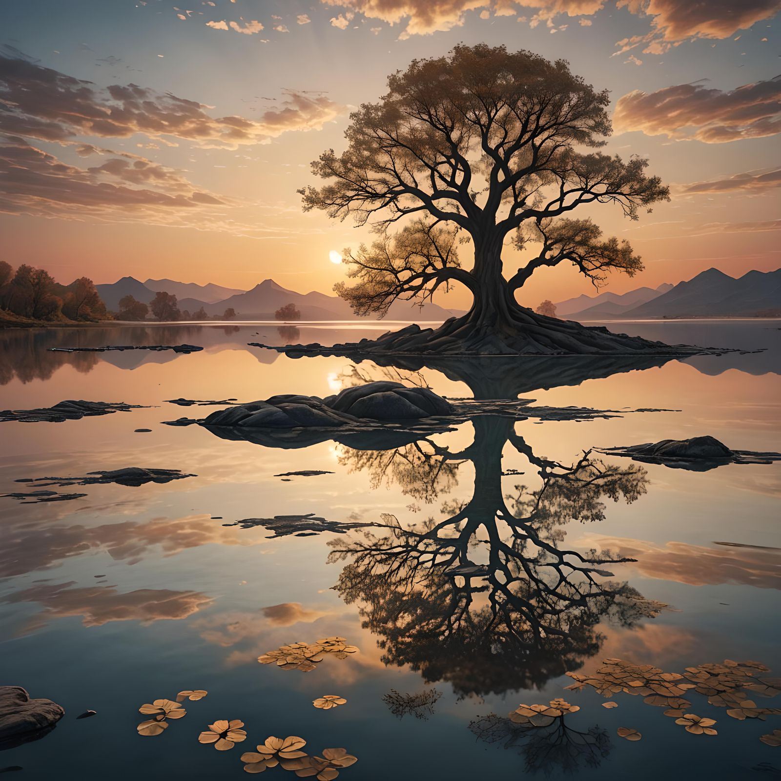 Lonely Tree Reflected in Lagoon at Sunset