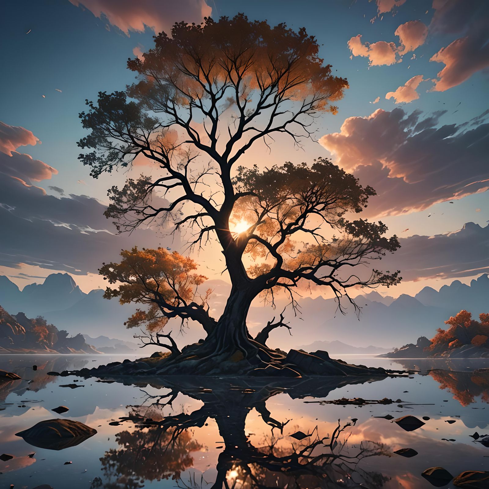 Lonely Tree Reflected at Sunset in Hyperdetailed 4K