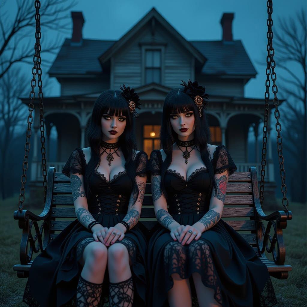 Gothic Steampunk Girls on Haunted Porch Swing