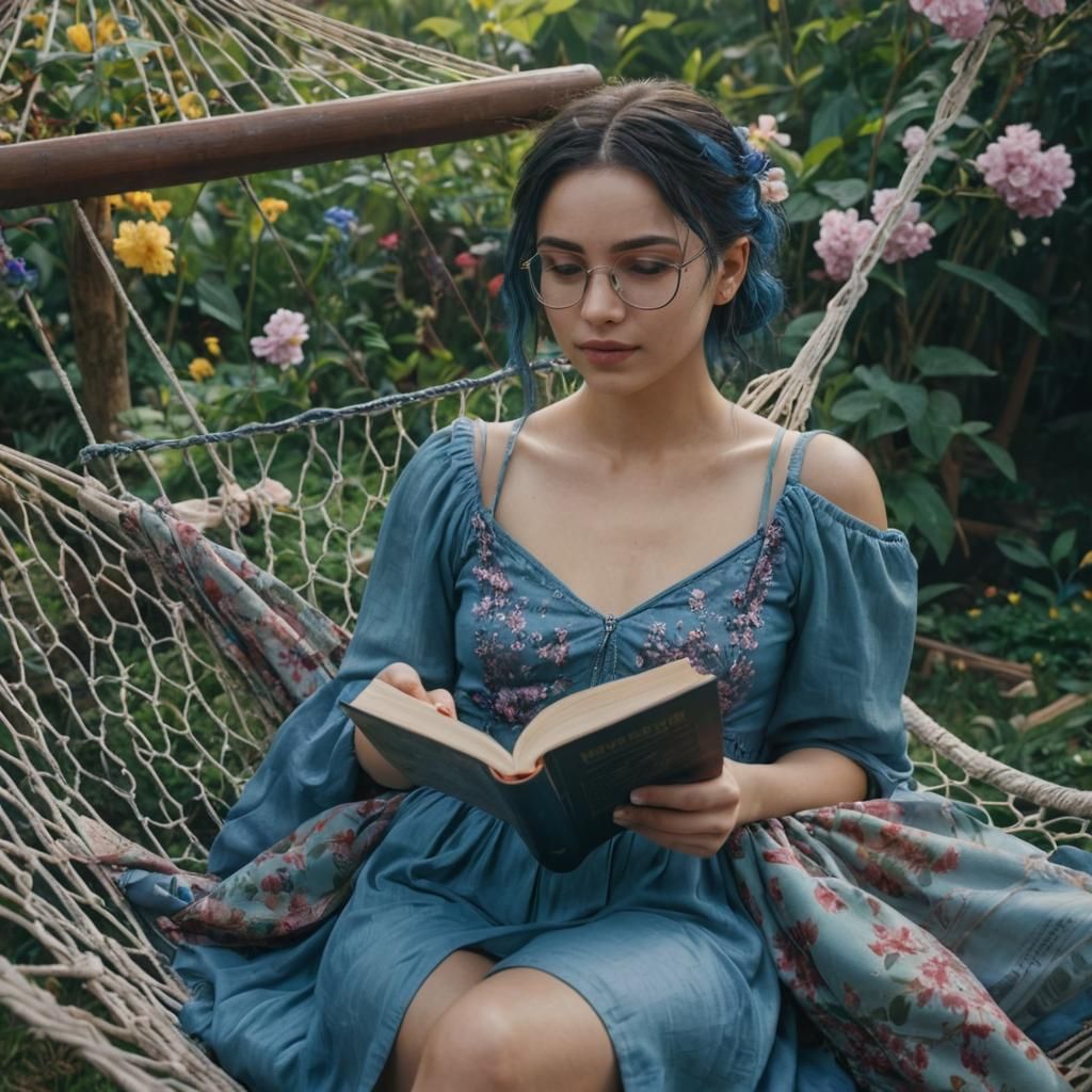 Woman Reading in Hammock, Cyberpunk Garden Scene