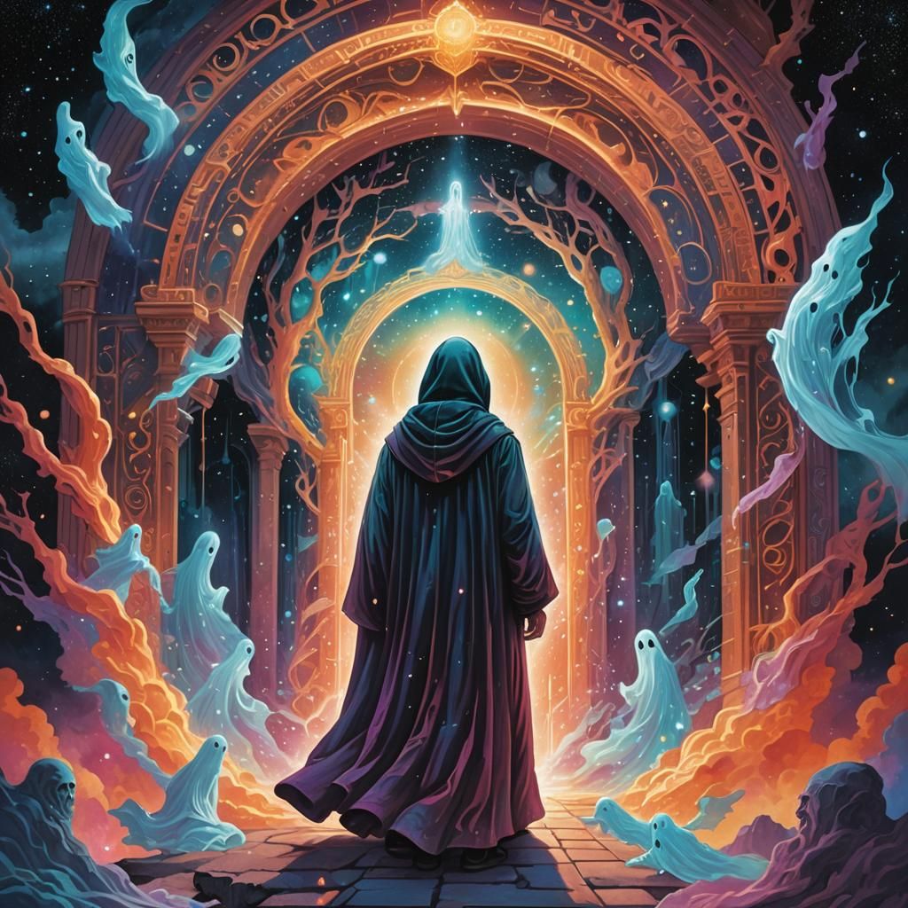 Astral Portal with Cloaked Figure: Dreamlike Surrealism