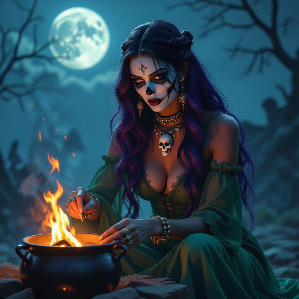 Voodoo Practitioner Concocts Potion in Dark Fantasy Style
