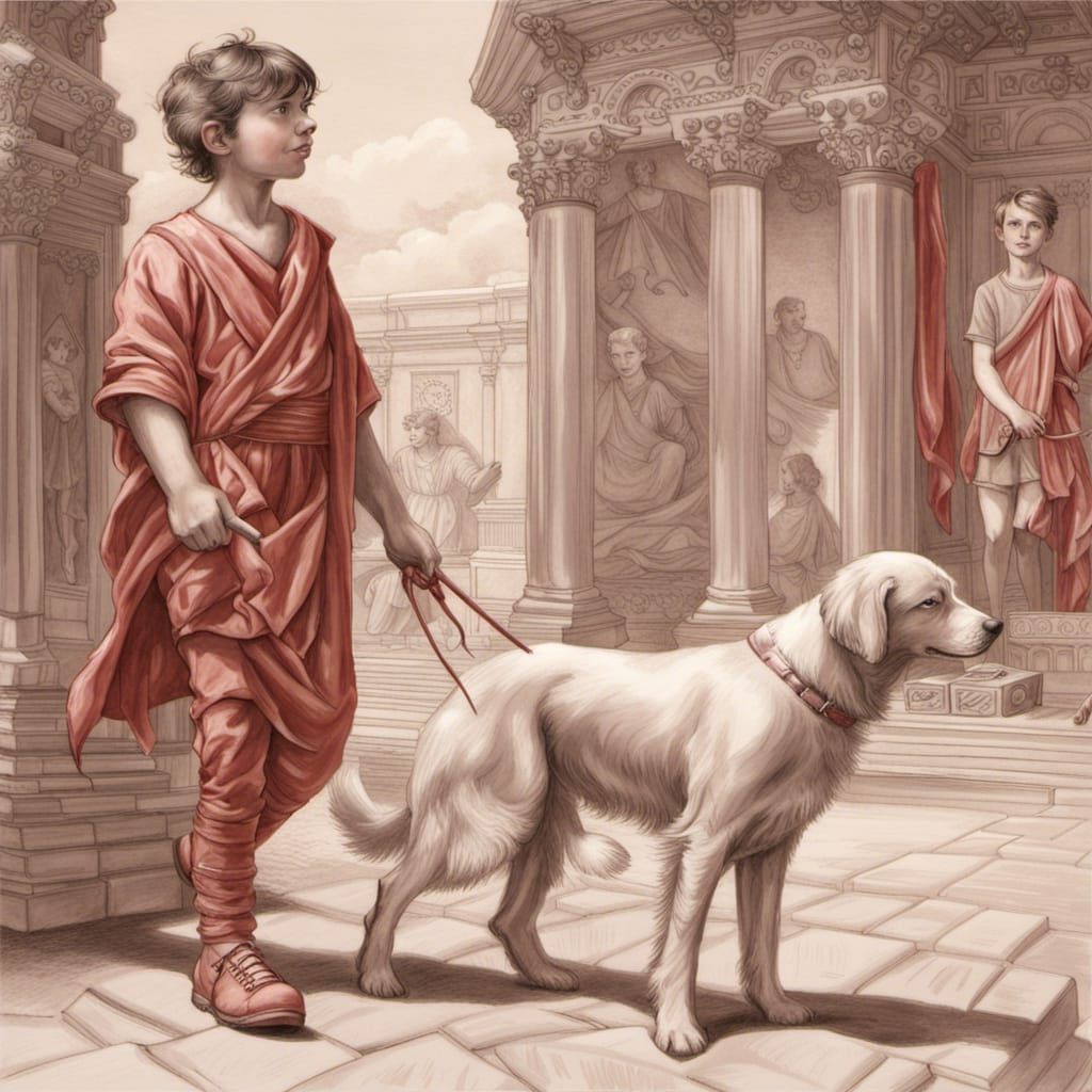 Boy and Dog Walk in Classical Style