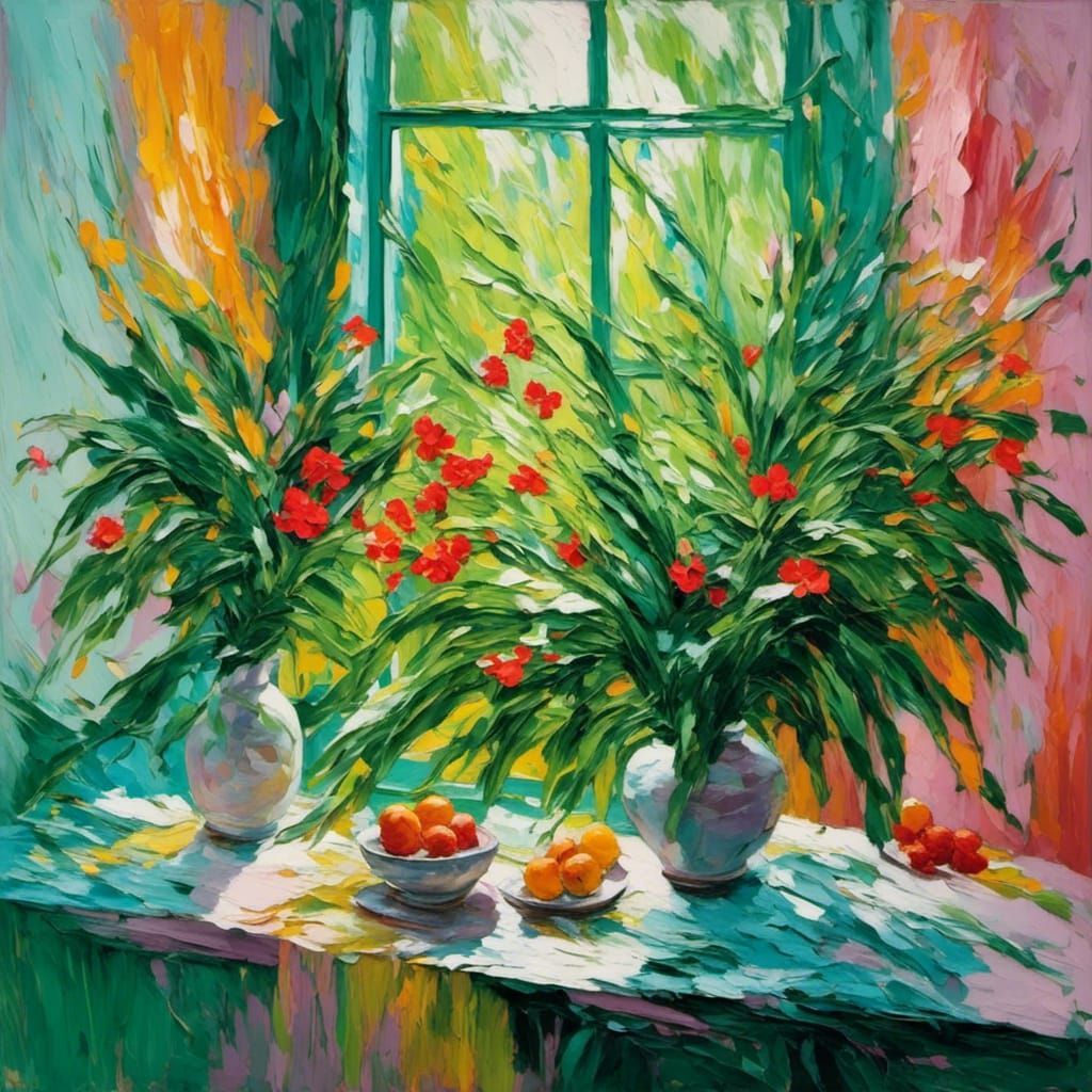 Botanical Greenroom in Oil Impasto Style