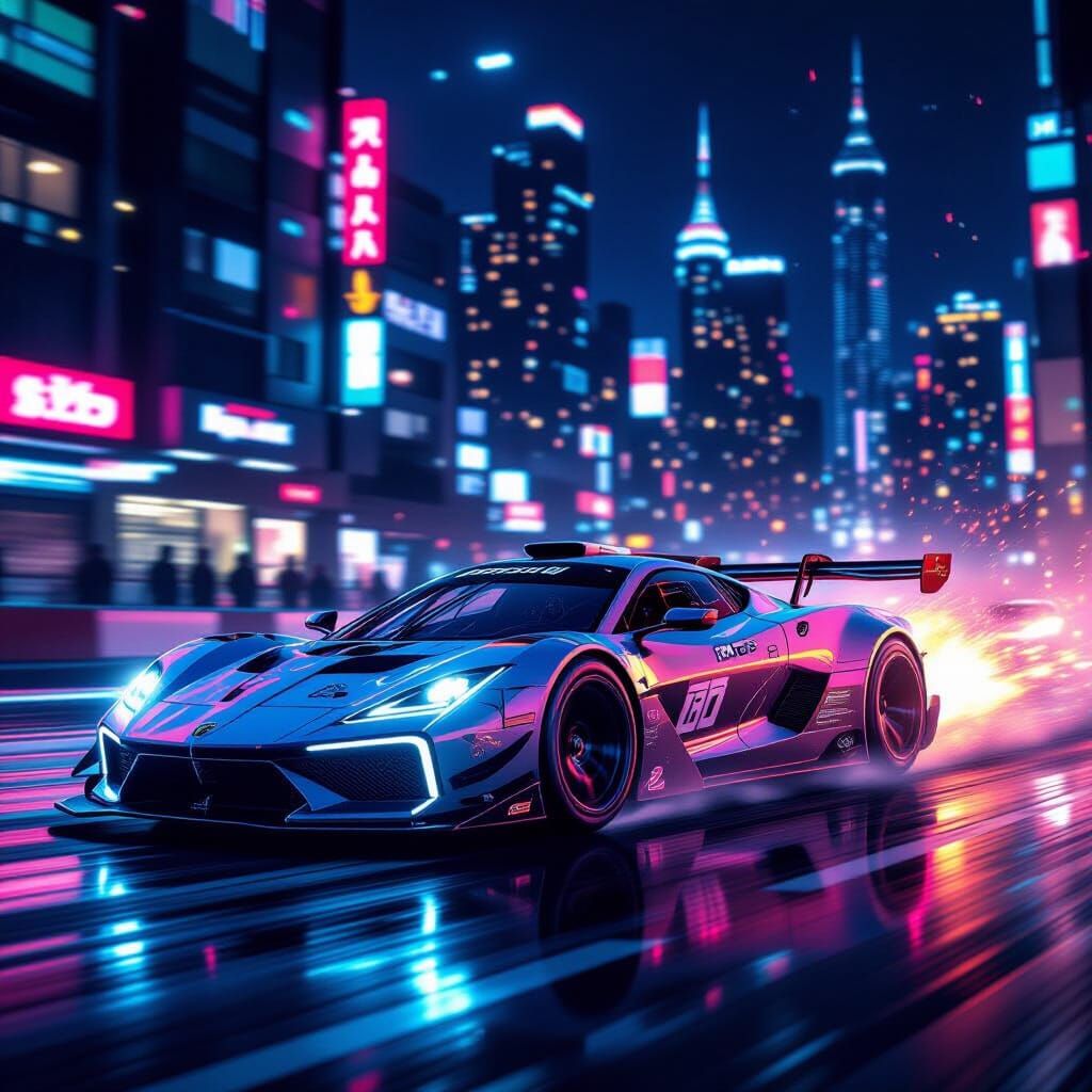 Cyberpunk Car Race at Night: Detailed Matte Painting