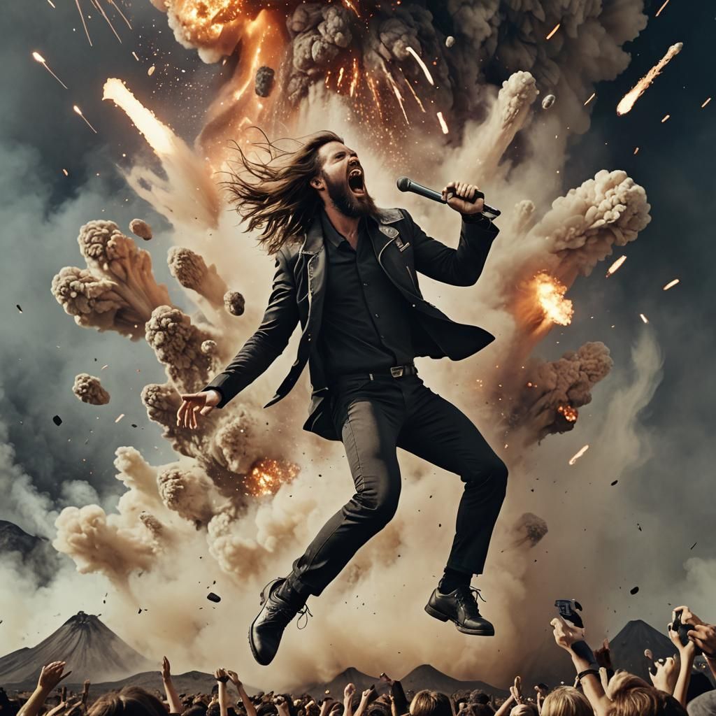 Dynamic Singer Amidst Volcanic Stage, Detailed Matte Paintin...