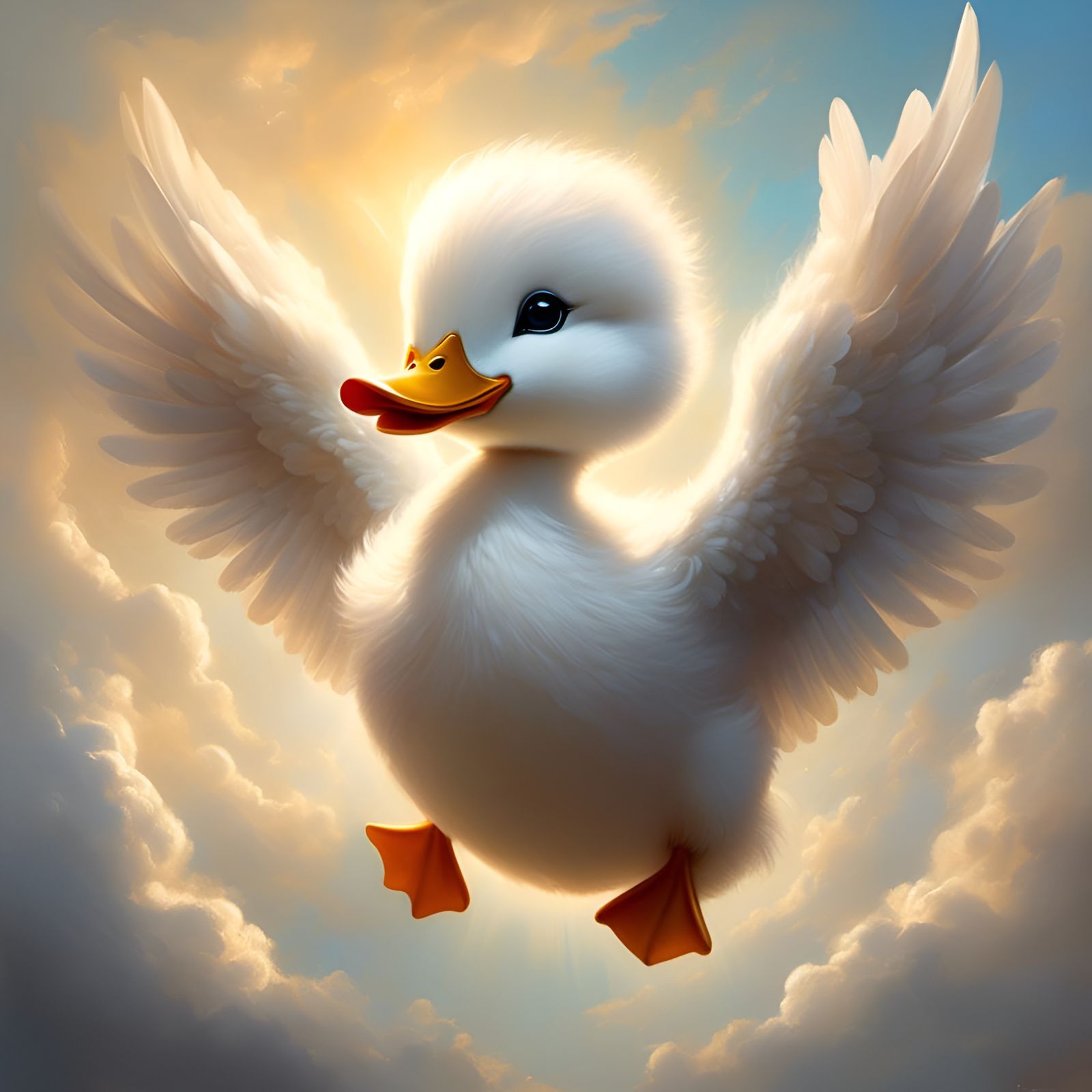Angel Duck in Clouds Oil Painting
