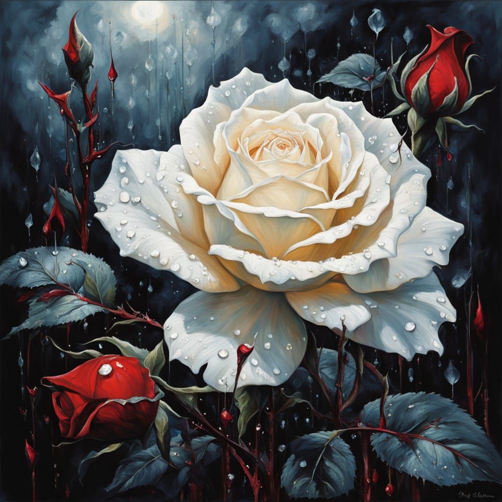 White Rose With Blood Drop Oil Painting