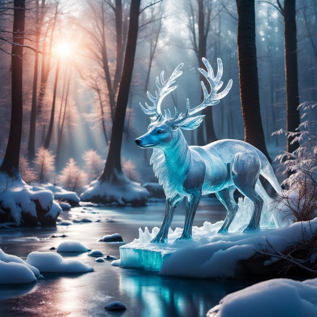 Icy Forest Landscape with Animal Ice Sculpture