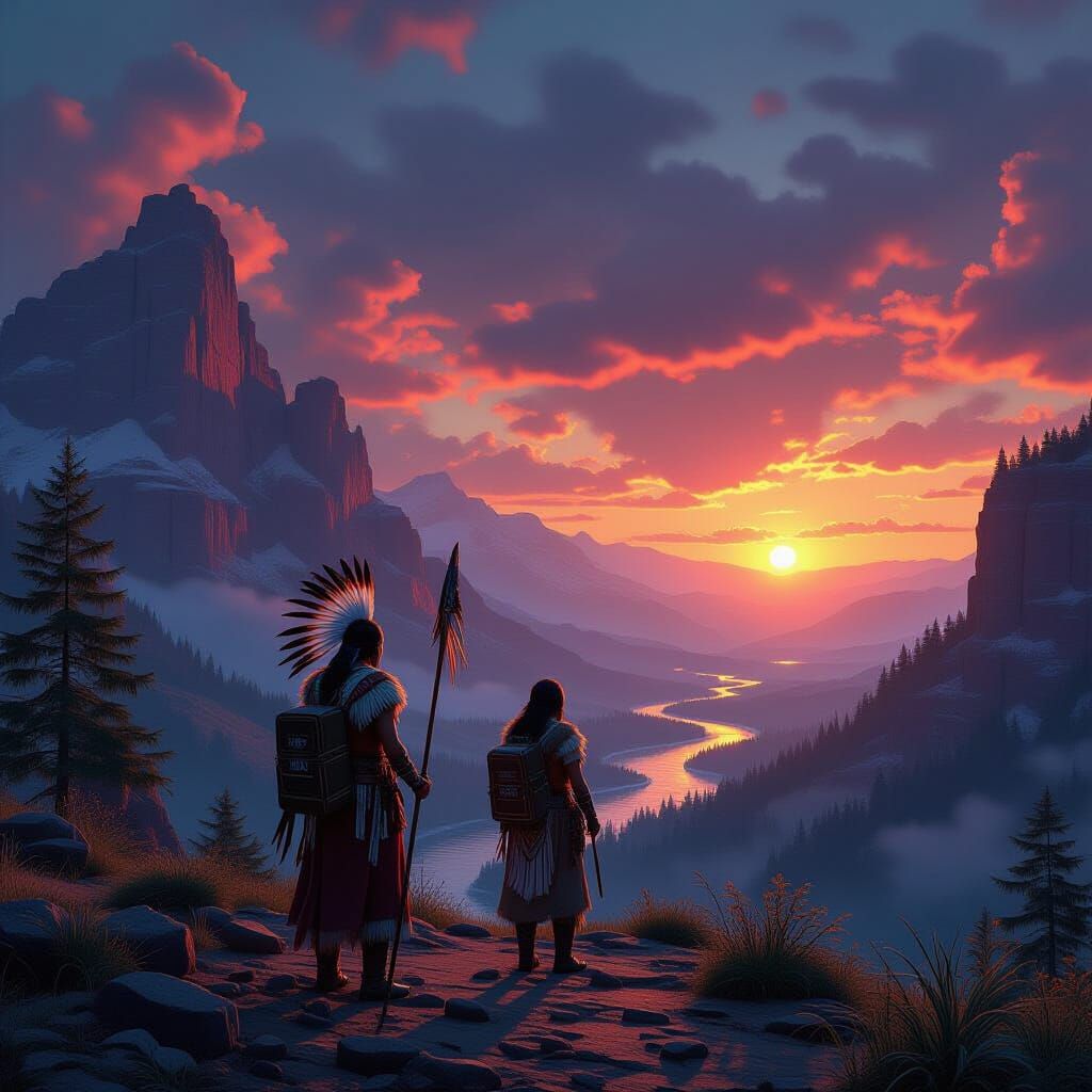 Native Americans in Fantastical Matte Painting Style