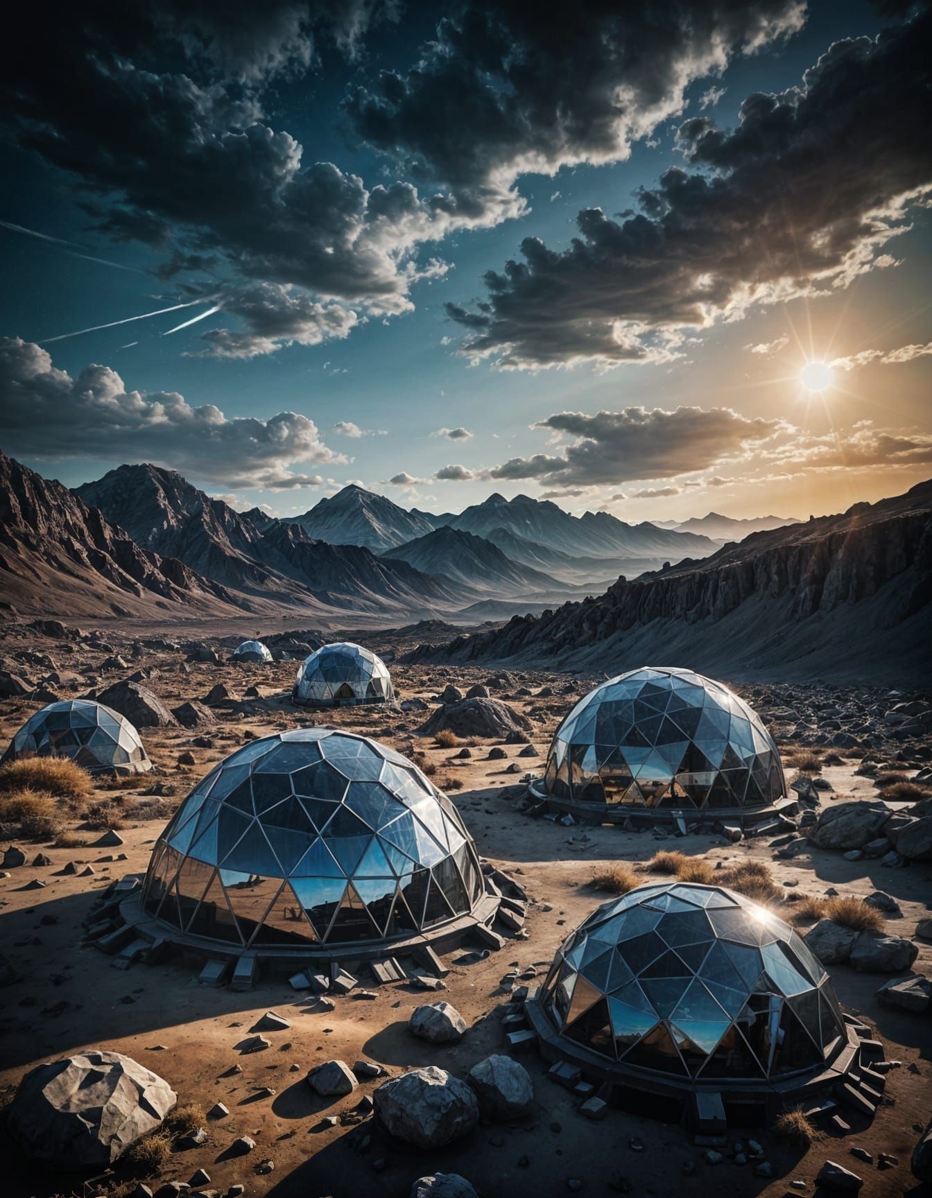 Distant Geodesic Domes Amidst Majestic Martian Clouds