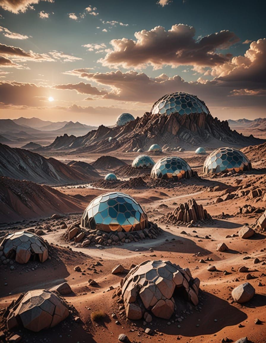 Surreal Alien Landscape with Geodesic Domes and Swirling Clo...