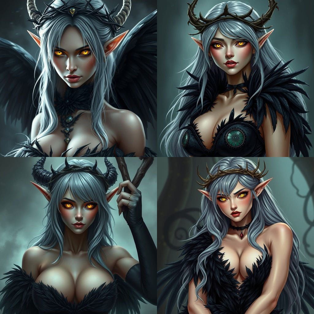 Beautiful Elf Witch with Raven Feather Dress