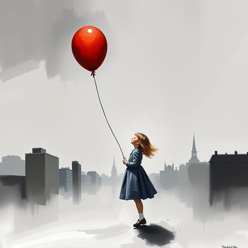 Girl with Red Balloon in Grey World