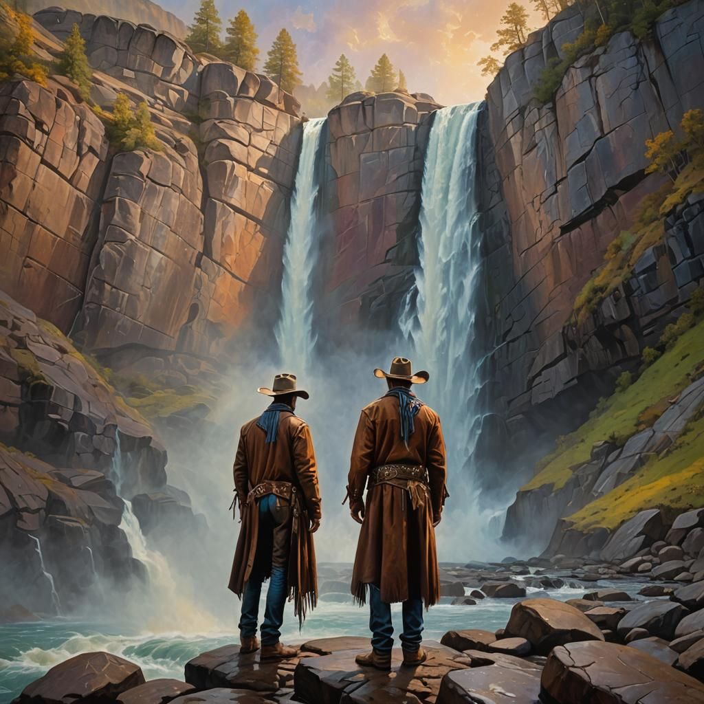 Cowboy at Waterfall: A Surrealist Oil Painting