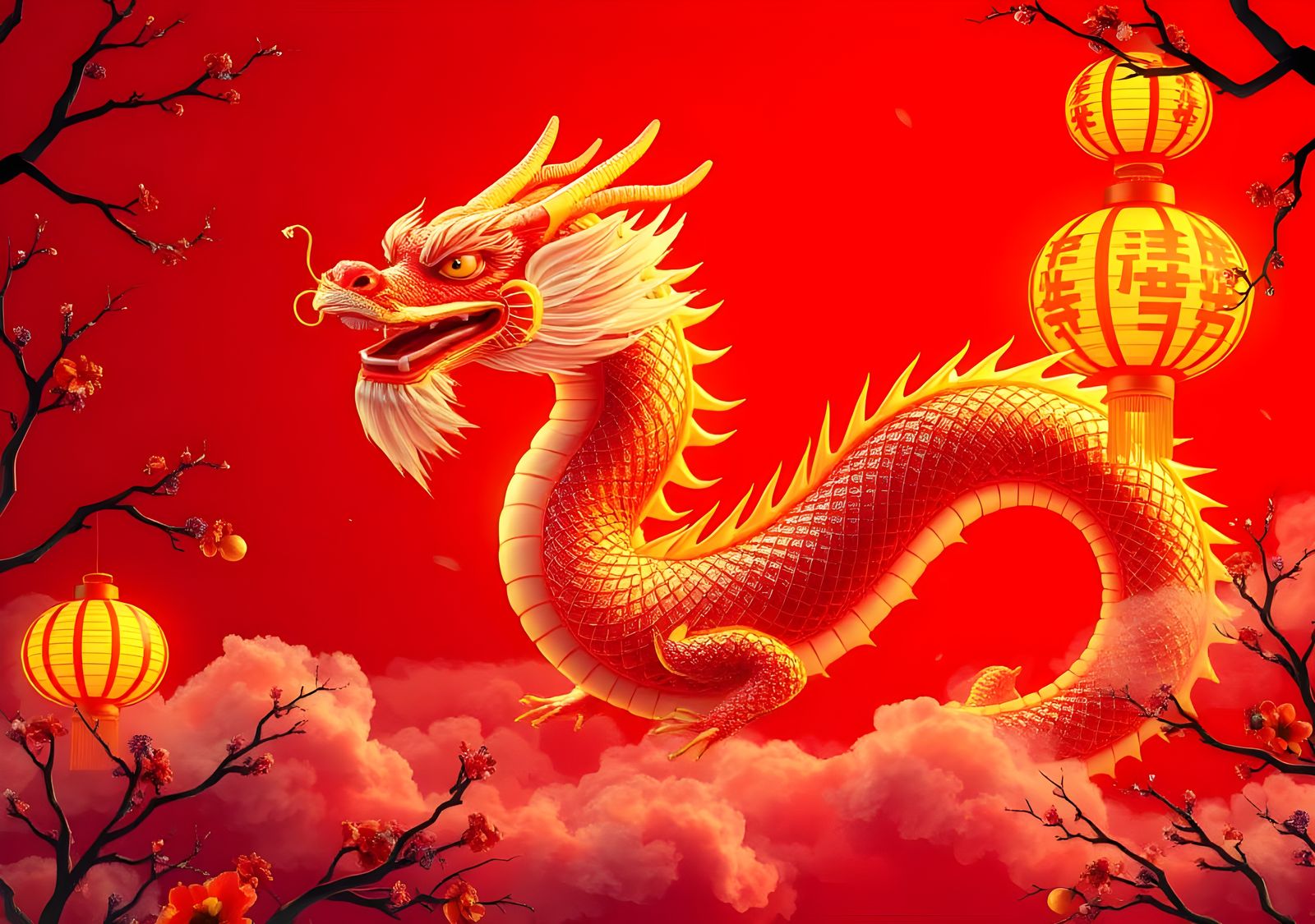 Chinese Dragon on Red Background: Fantasy Art