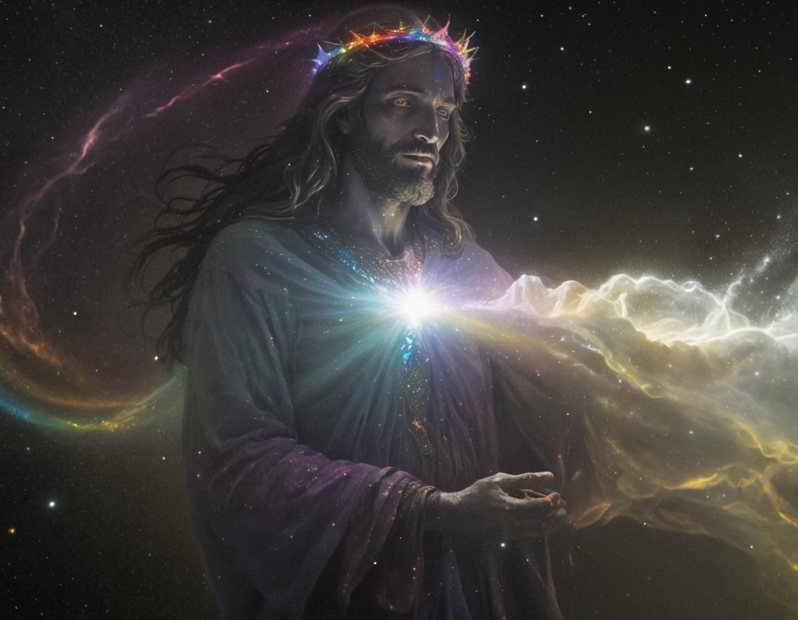 Majestic Djinn with Rainbow and Stars in Surreal Style