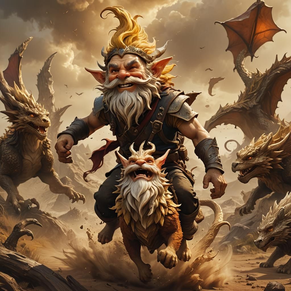 Gnome Rides Cat-Dragon in Windswept Landscape
