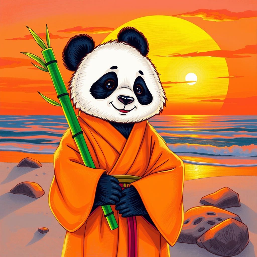 Panda Karateka with Bamboo Stick in Whimsical Style