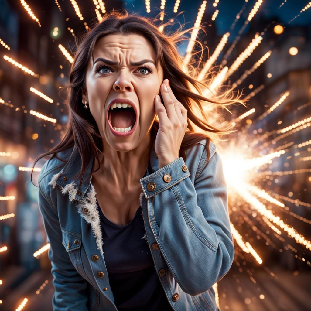 Woman with screaming expressions, wearing casual outfit, ins...