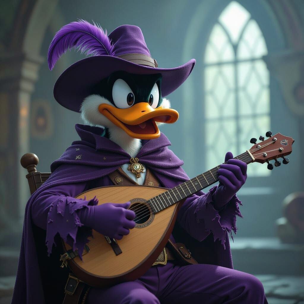 Darkwing Duck D&D Bard with Lute in Film Still Style