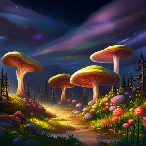 Lush Mushroom Forest Swampland Under Starry Night