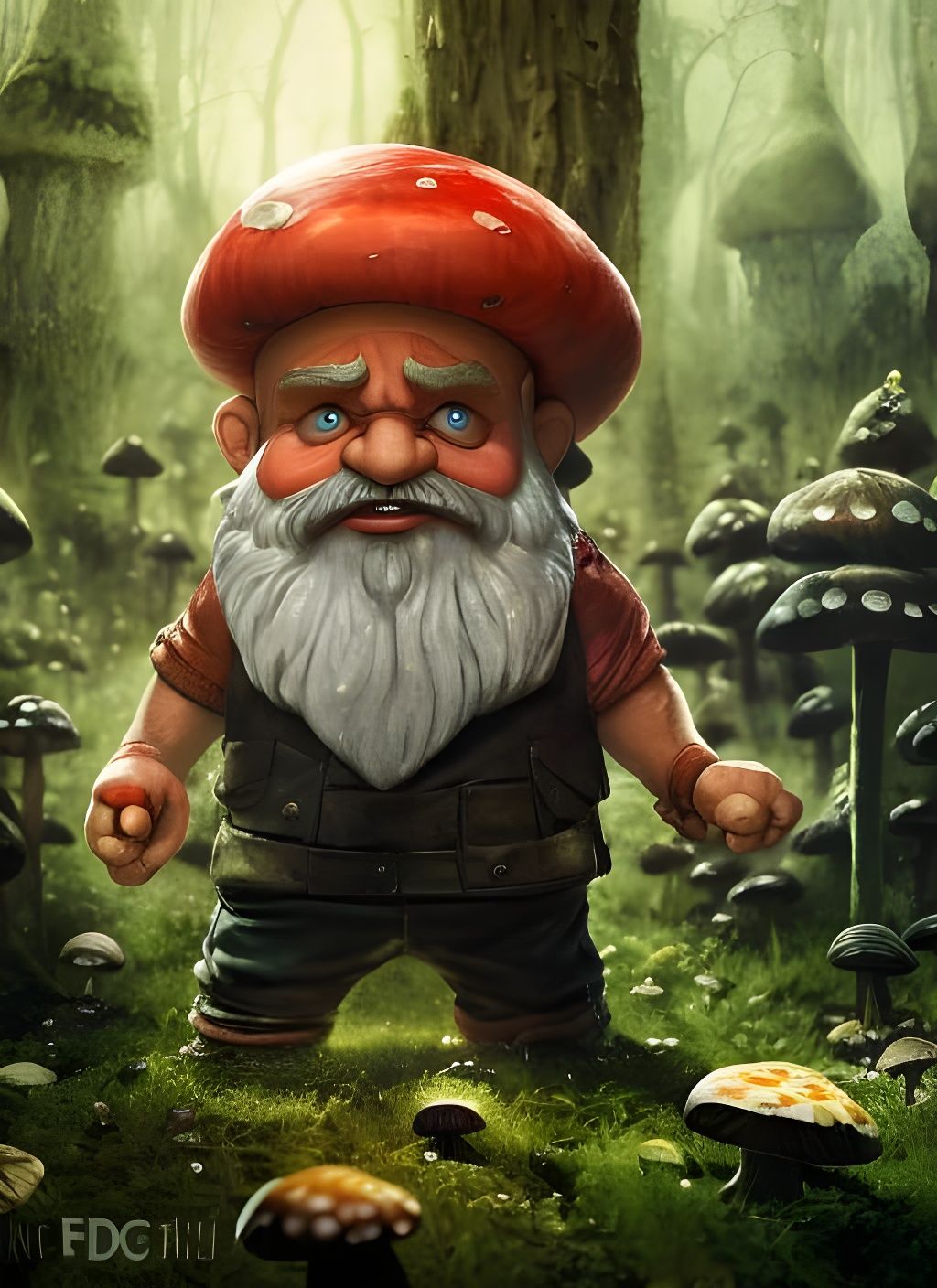 Angry Gnome in Mushroom Forest, 3D Render