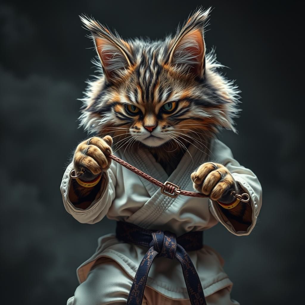Feathered Cat Karate Master in Hyperrealistic Style