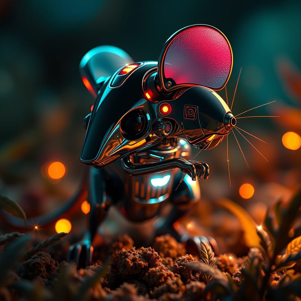 Futuristic Mouse Mech in Dark, Vibrant Landscape