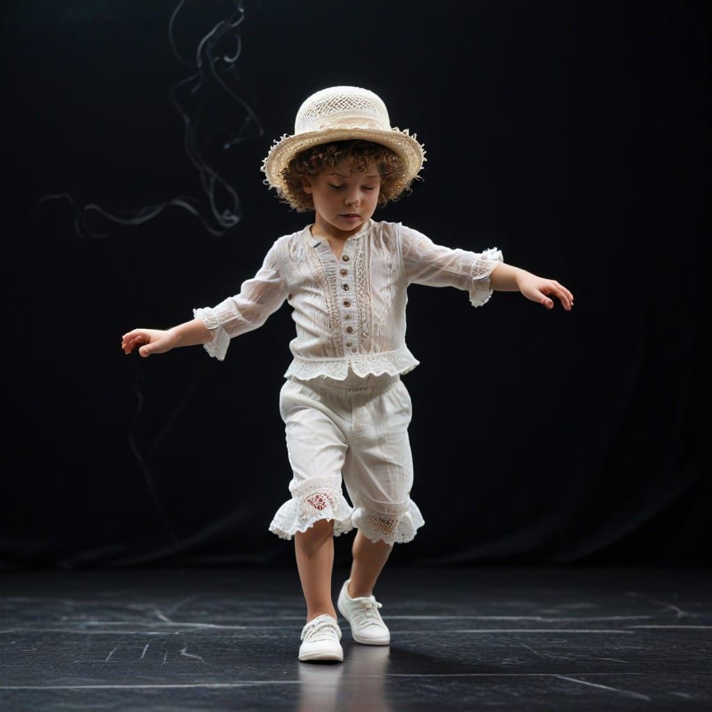 Boy Sculpted from White Threads Dancing on Stage