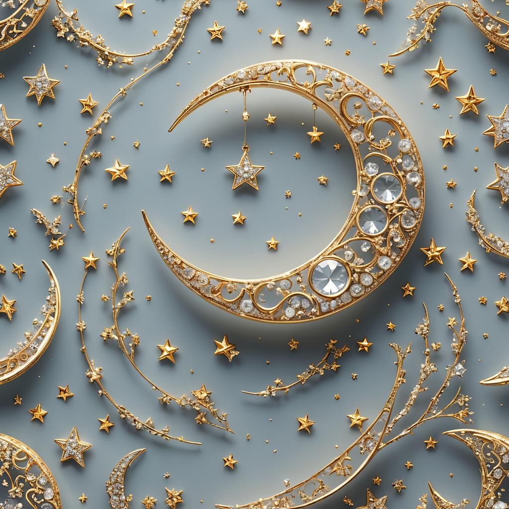 Golden Crystal Moon with Twinkling Stars in 3D