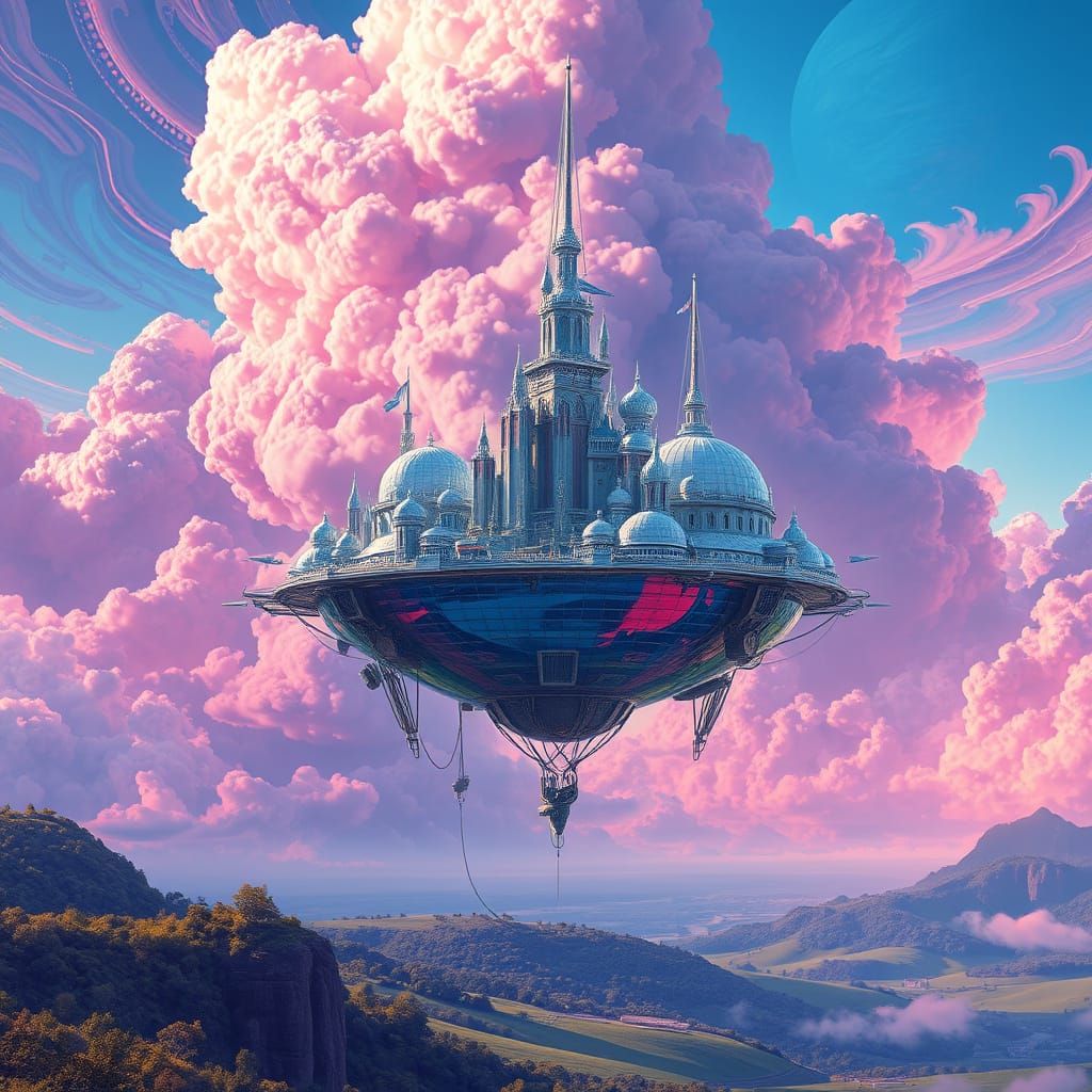 Hyperrealistic Floating City with Psychedelic Sky