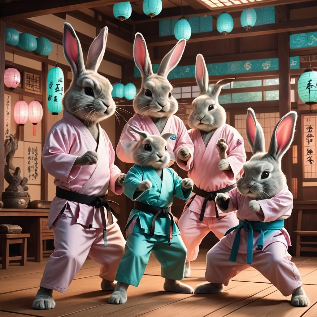 Easter Bunnies Train Karate in Japanese Dojo