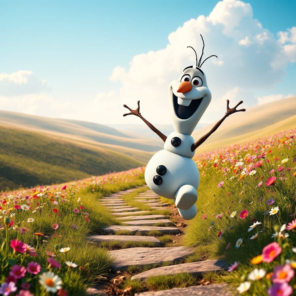 Whimsical Snowman Leaps in Vibrant Summer Landscape