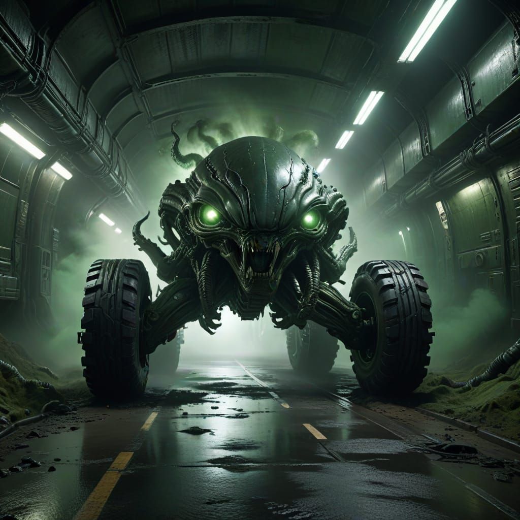 Giger-Inspired Truck Emerging from Alien Tunnel