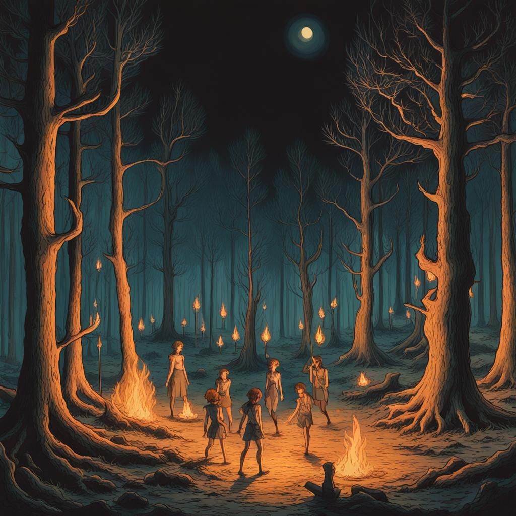 Night Pixies Dancing in Burning Forest