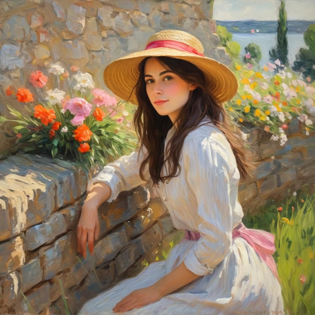 Brunette in Straw Boater: Impressionist Oil Painting