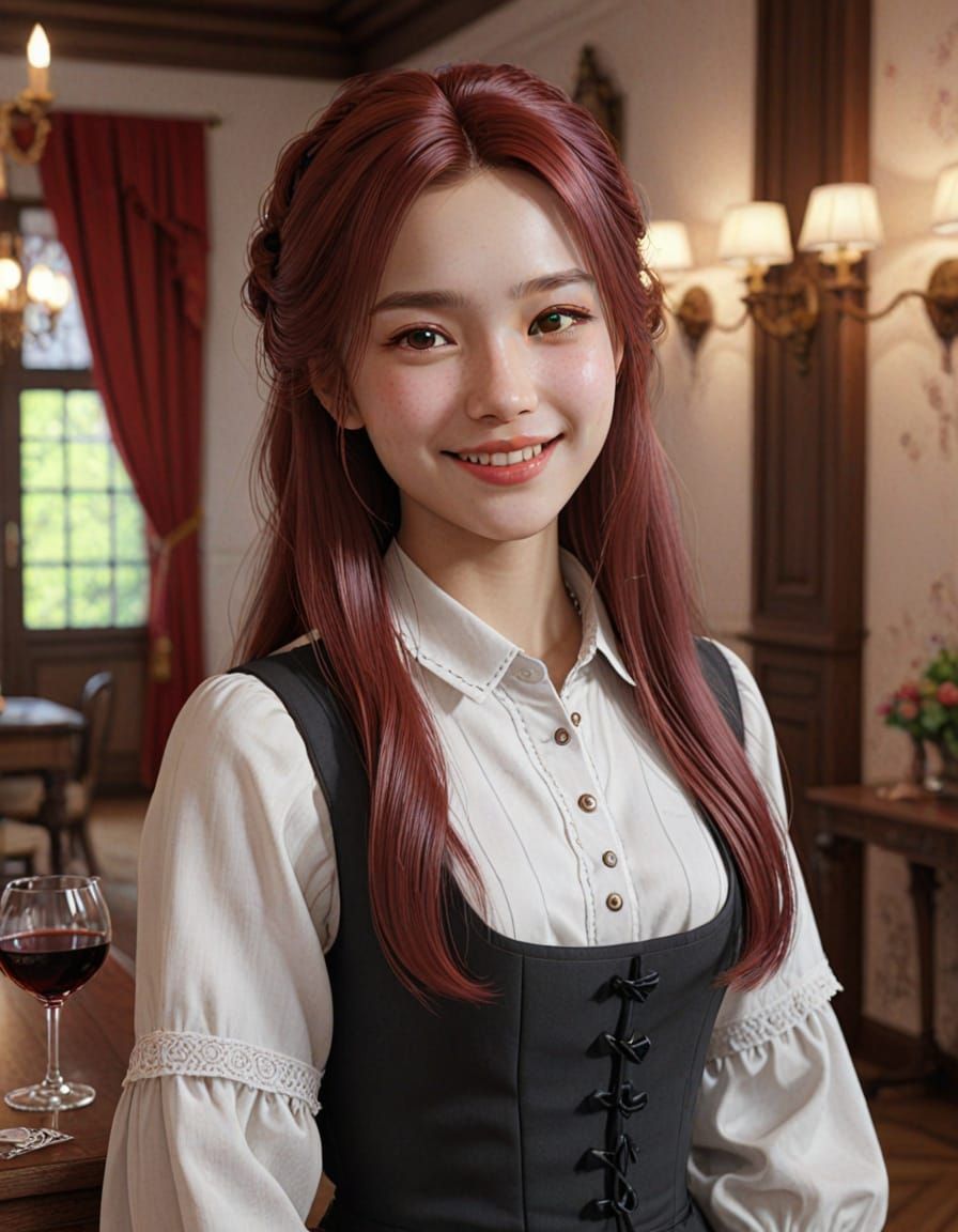 A Vintage Gothic Woman Smiles in a Cozy Antique Room