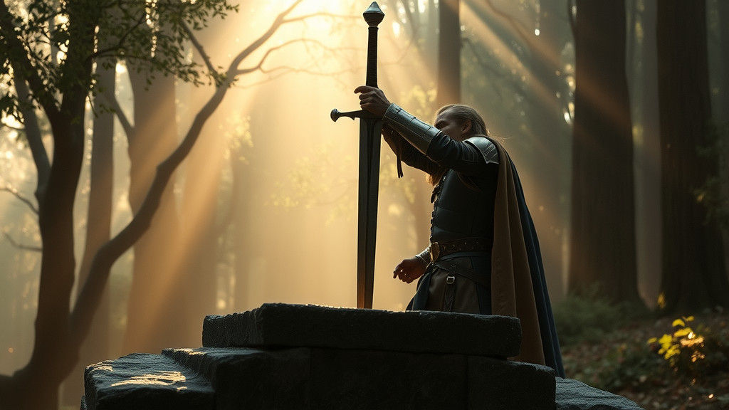 King Arthur Pulls Excalibur: Cinematic Film Still