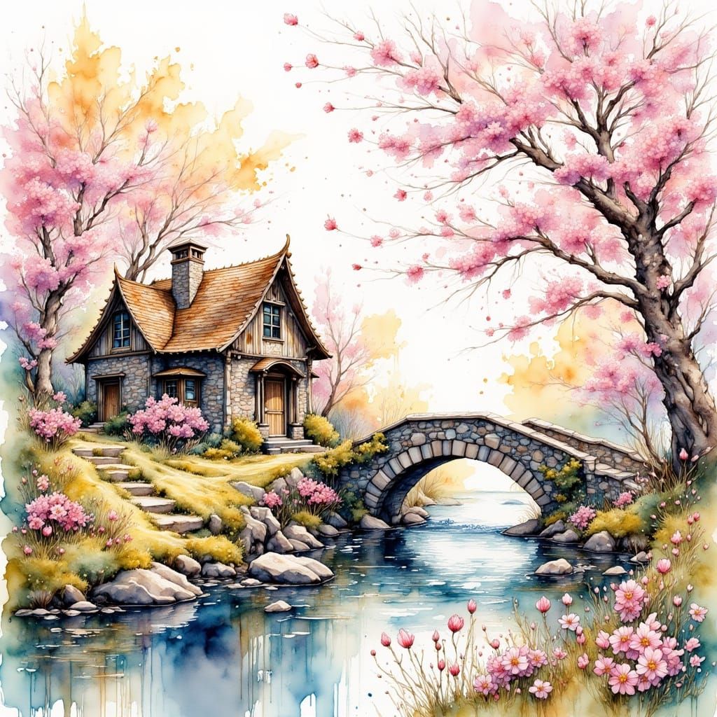 Cottage Beside Stream in Watercolor Style