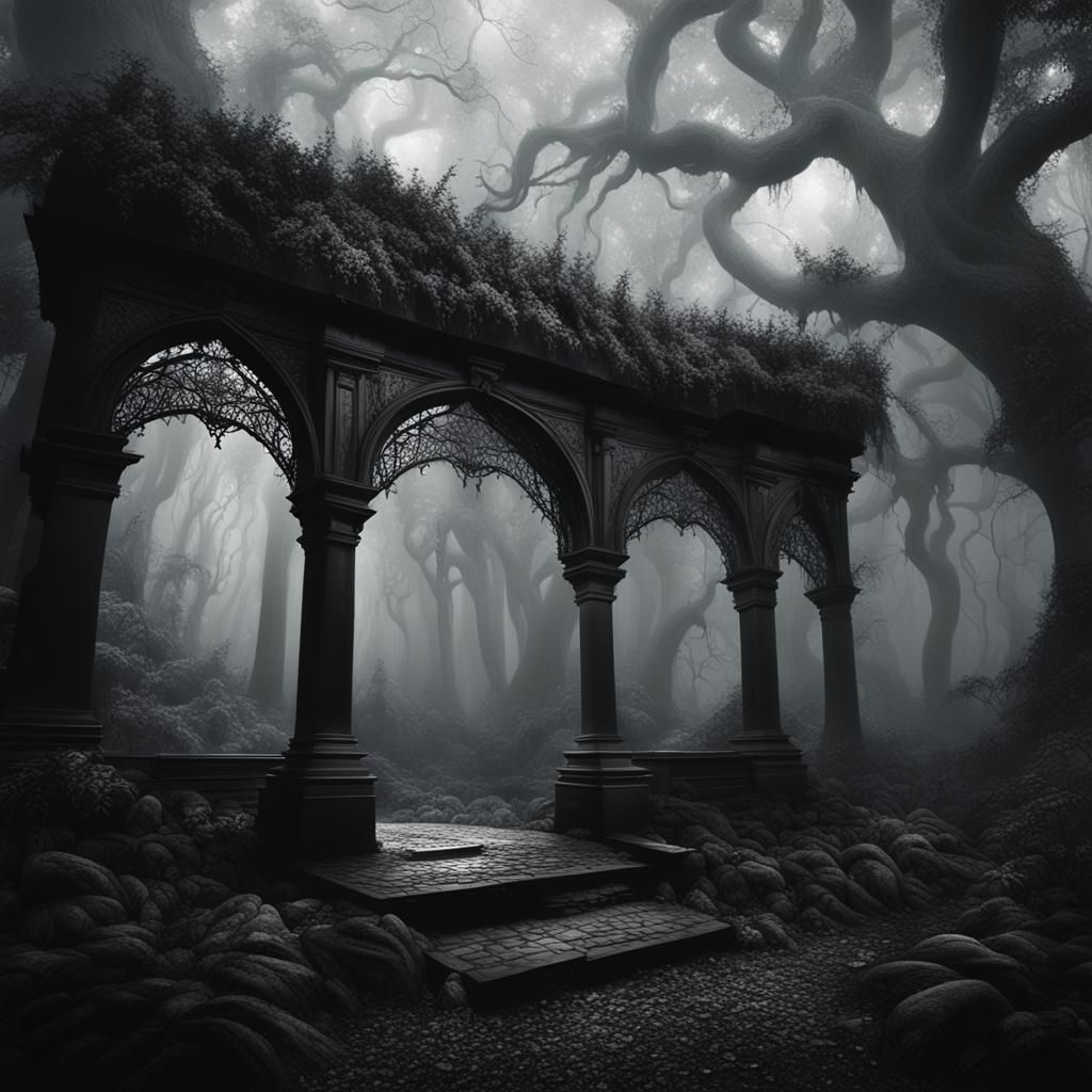 Ethereal Black and White Garden in Foggy Sanctuary