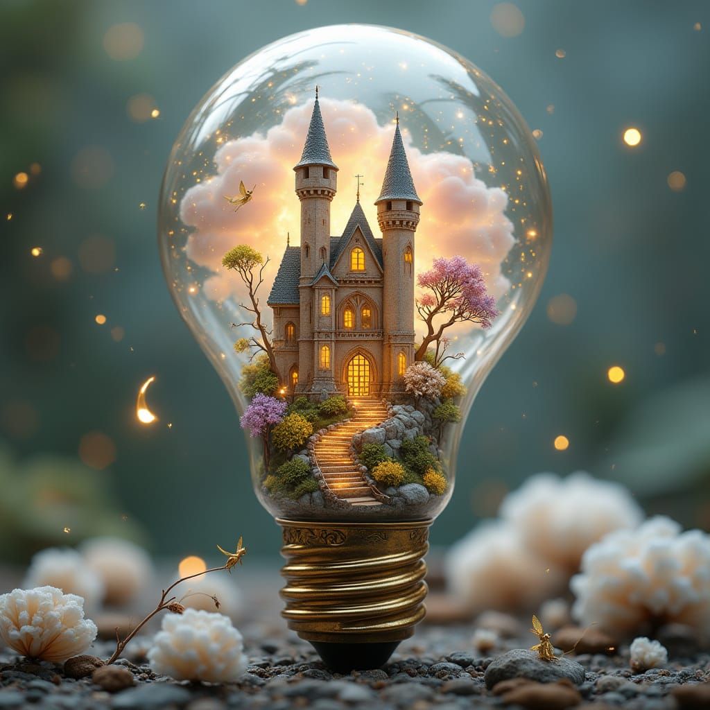 Surreal Crystal Diorama: Enchanted Medieval Castle with Whim...