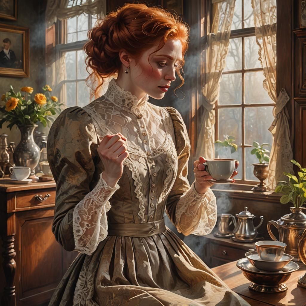 Victorian Woman Drinking Coffee as Oil Painting