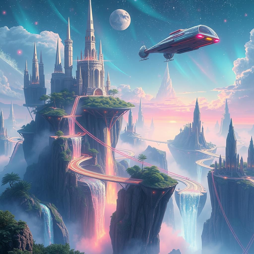 Ethereal Alien Skyscape with Floating Islands and Neon Bridg...
