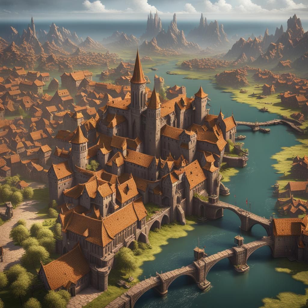 Fantasy River Port City Matte Painting