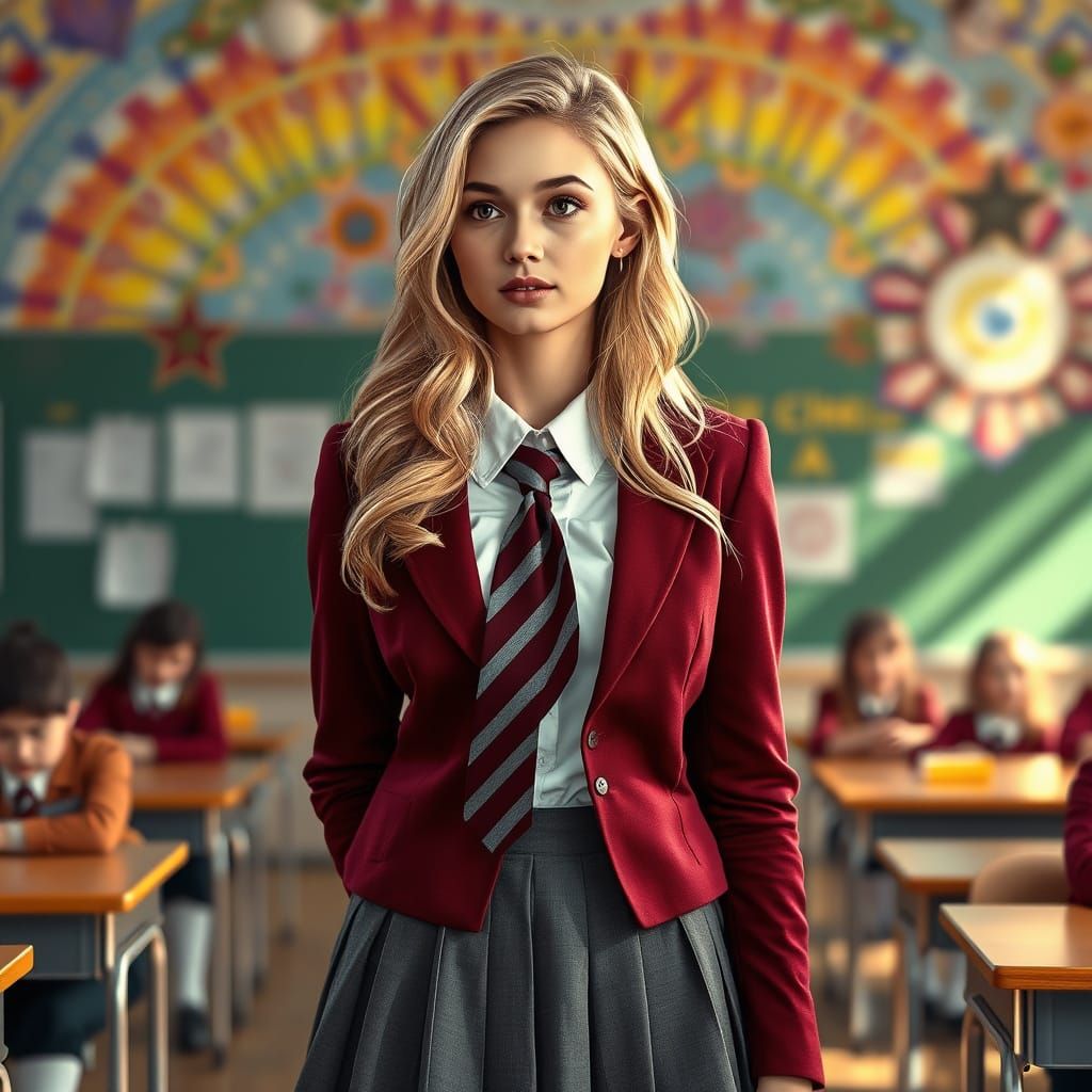 Stunning Blonde Schoolgirl in Elegant Uniform, Set Against a...