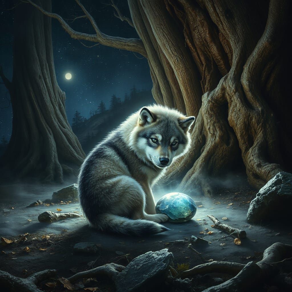 Constellation Wolf Pup with Moonstone, Fantasy Art